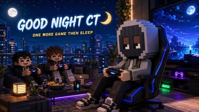 A pixel-art style illustration of three blocky characters gaming on couches at night in a city setting, with the text 'GOOD NIGHT GT' and 'ONE MORE GAME THEN SLEEP' displayed.