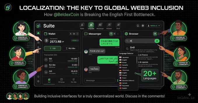 An infographic from Beldex titled "LOCALIZATION: THE KEY TO GLOBAL WEB3 INCLUSION" displays their Suite interface (Wallet, Messenger, Browser) being translated into multiple languages, noting "20+ Languages" and "VERIFIED BY COMMUNITY" badges.