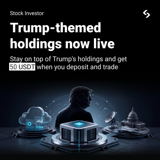 A dark promotional advertisement for a 'Stock Investor' app titled 'Trump-themed holdings now live,' offering 50 USDT for depositing and trading, featuring an illustration of Donald Trump alongside tech icons.