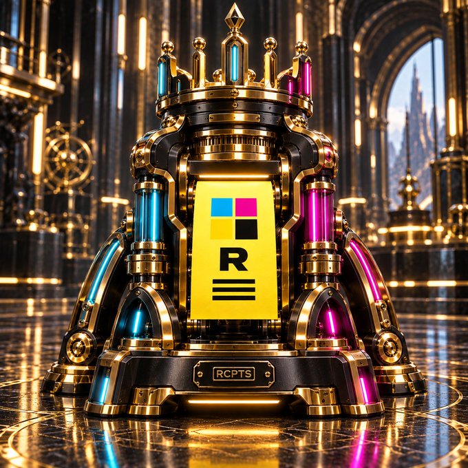 An ornate gold and black throne-like chair features a yellow panel with colored squares and the letters 'R' and 'RCPTS'.