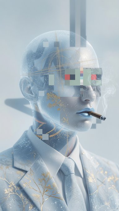 A surreal digital artwork of a translucent, cyborg-like human figure in a white suit smoking a cigarette, with the face partially pixelated and golden neural-like patterns and floral designs covering the body.