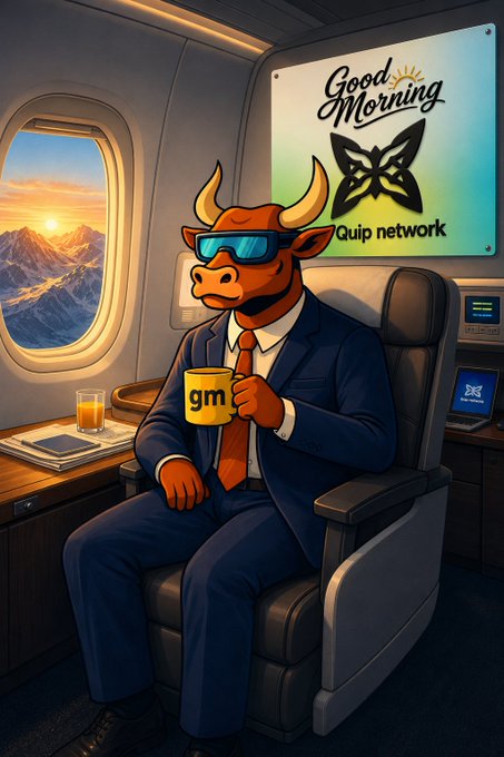 A cartoon bull wearing sunglasses and a business suit sits in an airplane seat holding a 'gm' mug, with a 'Good Morning Quip network' sign on the wall.