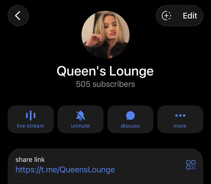 A Telegram channel profile page for 'Queen's Lounge' showing 505 subscribers, a circular profile photo of a blonde woman, and options for 'live stream', 'unmute', and 'discuss' with the share link 'https://t.me/QueensLounge'.