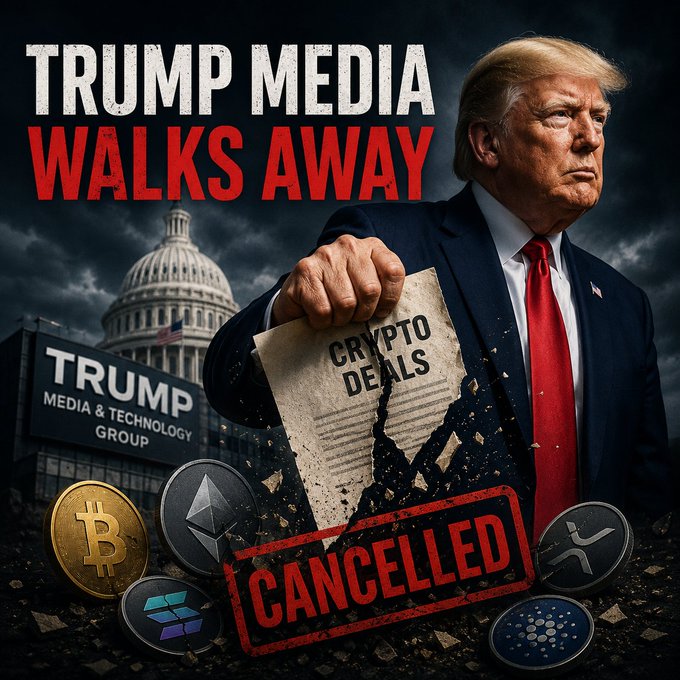 A political collage features Donald Trump tearing up a paper labeled "CRYPTO DEALS," overlaid with text stating "TRUMP MEDIA WALKS AWAY" and "CANCELLED" across various cryptocurrency logos. The image visually illustrates the accompanying news that Trump Media is withdrawing from several cryptocurrency and digital asset partnerships.