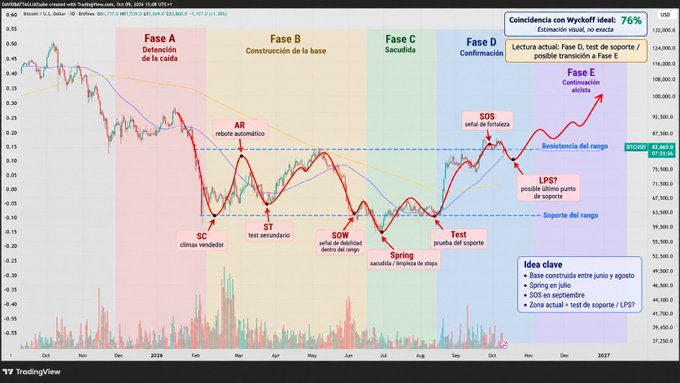 The image shows a Bitcoin (BTCUSD) TradingView chart on a daily timeframe annotated with Wyckoff market phases (A through E), highlighting a possible accumulation pattern with key events such as the "SC" (Selling Climax), "AR" (Automatic Rally), "ST" (Secondary Test), "SOW" (Sign of Weakness), and current action at the "Test" of the prior range support near $81,000–$83,000—visually supporting the post's thesis that BTC's corrective structure may be transitioning into a bullish continuation if it holds these reclaimed levels.