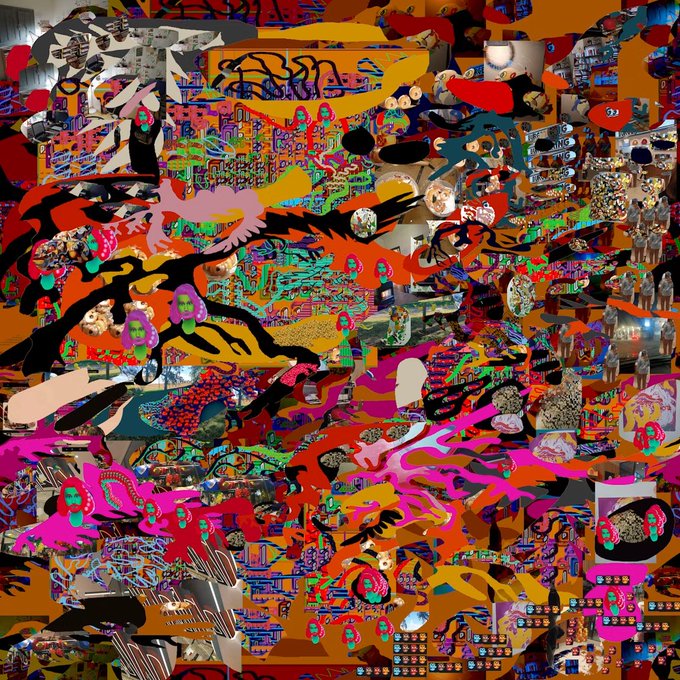 A highly complex and chaotic digital collage filled with neon colors, various character faces, abstract patterns, and psychedelic imagery.