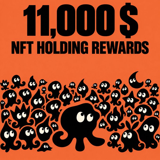 An orange promotional graphic with cartoon black ghost/spirit characters and the text '11,000$ NFT HOLDING REWARDS'.