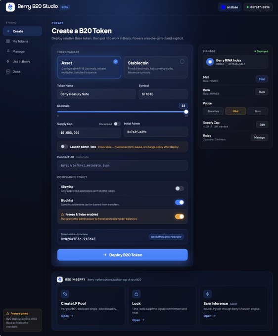 The image displays a screenshot of an interface for the Berry B20 Studio, which is used for creating, managing, and tokenizing B20 tokens. The main components of the interface include two columns with different information displayed, and various options available within each column. One column specifically shows details about create a B20 token, while another column displays insights into Minting, Burn, token policies, roles, supply caps, and the Berry supply cap. This interface is part of the Berry platform, which provides users with convenient tools for managing B20 tokens effectively.
