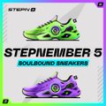 A purple sneaker labeled "STEPNEMPER 5 SOLARIZED PROTON" with a glowing green sole is displayed on a green and purple background.