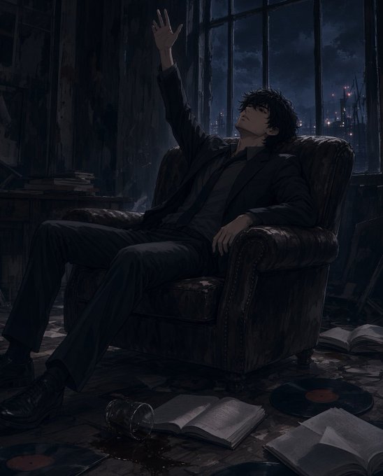 A dark, moody anime-style illustration of a man in a black suit reclining in a worn leather armchair, raising one hand toward large windows overlooking a city skyline at night, with scattered books and a spilled glass on the floor.