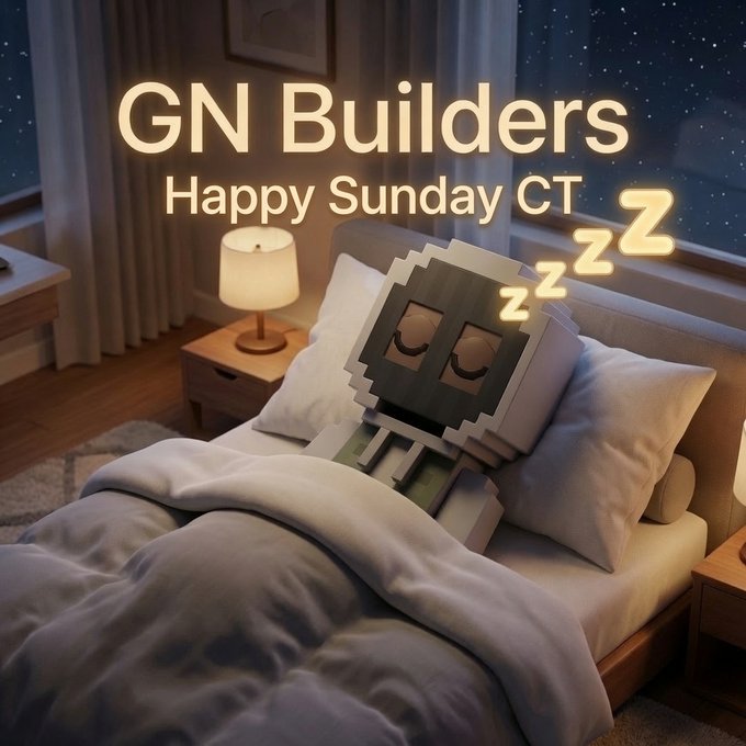 Stylized 3D render of a cute blocky robot sleeping in a cozy bed at night, captioned 'GN Builders Happy Sunday CT' with glowing 'Zzz' text.