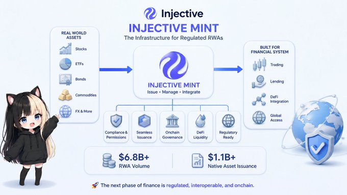 This infographic illustrates "Injective Mint," an infrastructure for regulated Real World Assets (RWAs) that enables institutions to issue, manage, and integrate assets like stocks and bonds into the financial system. The graphic highlights key metrics, including over $6.8B in RWA volume and $1.1B+ in native asset issuance.