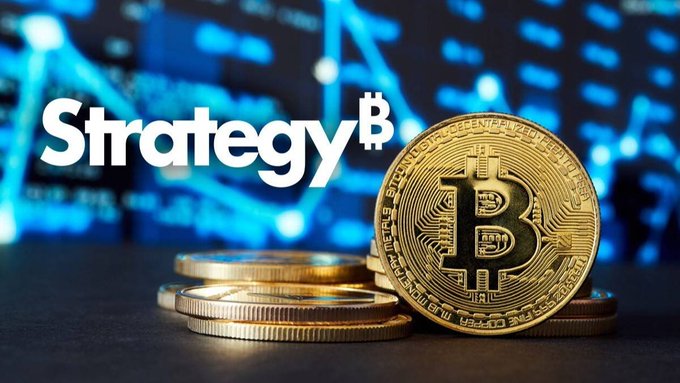 A promotional image showing the 'Strategy' company logo alongside stacked Bitcoin coins against a blue background with financial data displays.