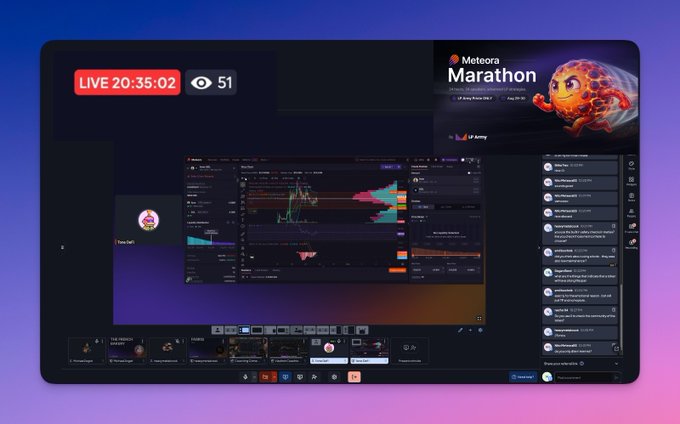 A livestream interface with a purple and blue gradient border shows a 'LIVE 20:35:02' timer and a title banner for 'Meteora Marathon', featuring trading charts and a chat window.