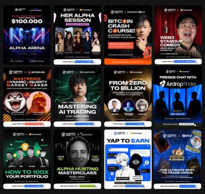 A grid of 12 promotional thumbnails for crypto and AI webinars from Coinfest Asia, featuring topics like 'ALPHA ARENA', 'HER ALPHA SESSION', 'BITCOIN CRASH COURSE!', 'MASTERING AI TRADING', and 'YAP TO EARN'.