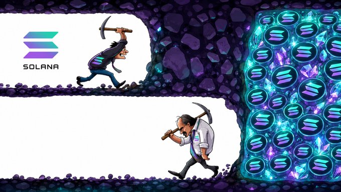 A cartoon miner with a pickaxe enthusiastically swings toward a glowing wall of Solana (SOL) coins, while another tired, defeated miner walks away from the same treasure, illustrating the differing fortunes of Solana miners and investors.