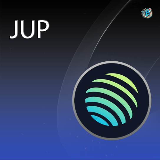 Promotional graphic announcing the new listing of Jupiter ($JUP) on a crypto exchange, featuring the text "JUP" alongside Jupiter's signature planet logo with green and teal gradient bands against a dark blue cosmic background. The design aligns with the post's announcement that $JUP can now be traded against SOL on the Korean Crypto platform.