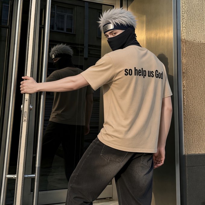 A person dressed in a Kakashi cosplay outfit with a spiked silver wig, black face mask, and a tan t-shirt reading "so help us God" stands with one hand on a glass door.