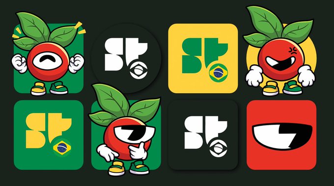 A grid of eight app icons featuring Brazilian-themed cartoon characters with tomato/fruit heads, green leaves, and the letters 'SP' alongside small Brazilian flags.