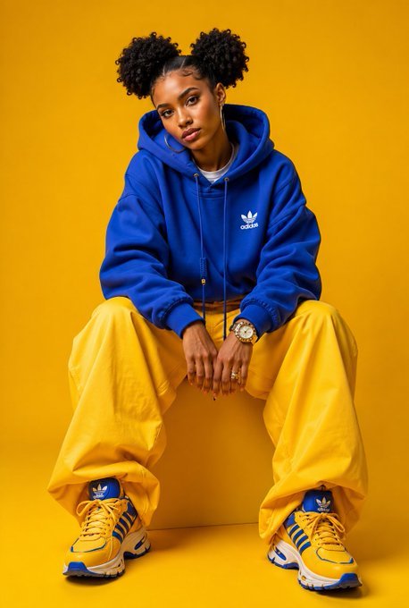 A young woman with curly hair styled in two puffs sits against a bright yellow background, wearing a royal blue Adidas hoodie and oversized yellow pants, paired with yellow and blue sneakers.