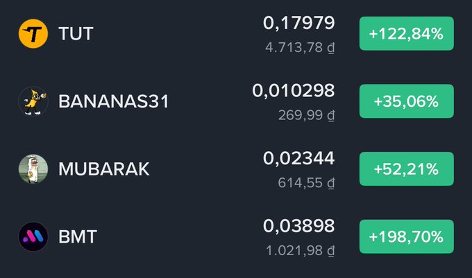 A cryptocurrency price tracker screen displaying four tokens: TUT at 0,17979 (€4,713.78) up +122,84%, BANANAS31 at 0,010298 (€269.99) up +35,06%, MUBARAK at 0,02344 (€614.55) up +52,21%, and BMT at 0,03898 (€1,021.98) up +198,70%.