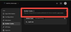 The screenshot displays a "Builder Code" status notification confirming successful implementation, with text stating "You are now able to track and reward your application for future rewards" above a yellow status banner reading "Tracking is Enabled." This visually corroborates the post's claim about Builder Code integration being active on Base, supporting the referenced Base.dev dashboard metrics showing transactions being counted.