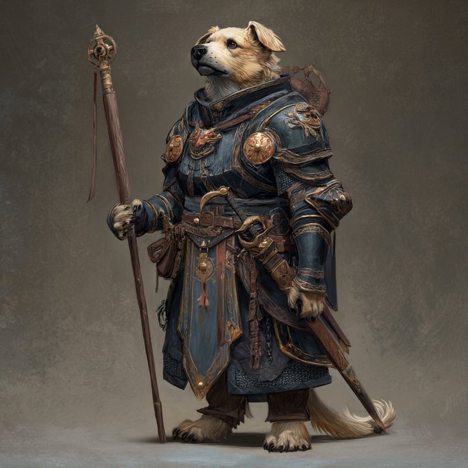 A detailed digital illustration portrays an anthropomorphic dog character dressed in ornate blue and gold fantasy armor, holding a wooden staff and standing against a muted brown background.