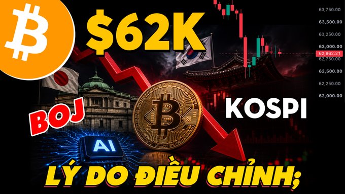 A financial graphic featuring Bitcoin at $62K with BOJ (Bank of Japan), KOSPI, and AI elements, with red downward arrows and Vietnamese text reading 'LÝ DO ĐIỀU CHỈNH' (Reasons for Adjustment).