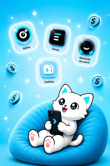 A cute cartoon cat relaxes on a blue bean bag, holding a phone, with floating app icons for "Alpha," "Perps," "GetGas," and "Rewards Account" alongside dollar coins surrounding it. The image visually reinforces the post's message by showcasing Bitget Wallet's all-in-one convenience, with the cat calmly enjoying every feature in one place instead of juggling multiple apps.