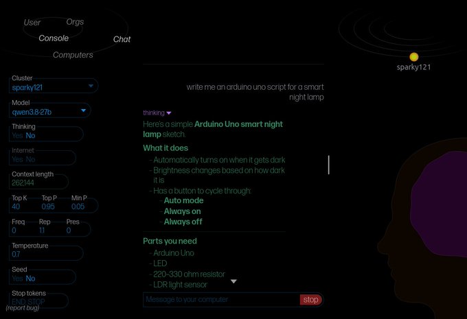 The image shows a chat interface for "Actual Computer" featuring the "qwen3.8:27b" model, with a user named "sparky121" requesting an Arduino Uno script for a smart night lamp, and the model responding with project details and required parts. This demonstrates the Qwen 3.8 model's capabilities on the Actual Computer Bittensor Subnet 95 platform as referenced in the post.