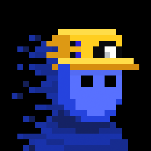 A pixel art image of a blue character wearing a yellow construction hat, with motion trails behind it.