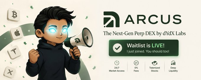 The image is a promotional graphic for Arcus, a next-generation perpetual DEX by dYdX Labs, featuring a cartoon character with glowing eyes holding a megaphone surrounded by icons of Bitcoin, Apple, Tesla, and X (formerly Twitter), alongside text highlighting "Waitlist is LIVE!" and key features including 24/7 Market Access, 0% Fees, Tokenized Stocks, and Deep Liquidity, visually reinforcing the announcement of Arcus's integration with tokenized real-world assets like stocks and crypto within the Robinhood Crypto ecosystem.