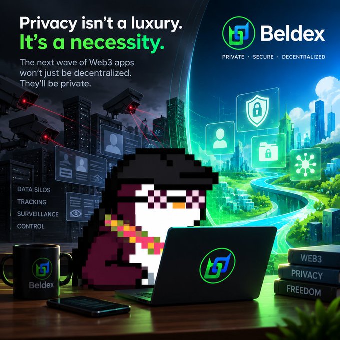 An advertisement for 'Beldex' declaring 'Privacy isn't a luxury. It's a necessity' with the tagline 'PRIVATE • SECURE • DECENTRALIZED', featuring a pixel-art character at a laptop contrasted against surveillance imagery and green futuristic cityscape.