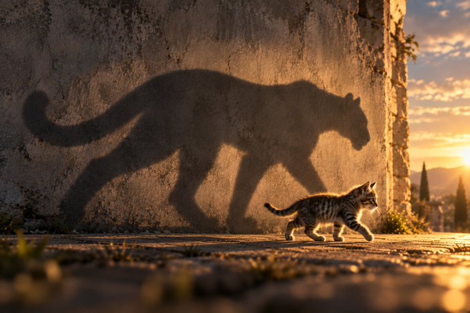 A small tabby kitten struts confidently along a stone pathway at sunset, casting a fierce, oversized shadow of a prowling big cat against a weathered wall behind it—visually embodying the message "we can beat them" by suggesting that even the smallest among us can project the strength and dominance of a giant predator.