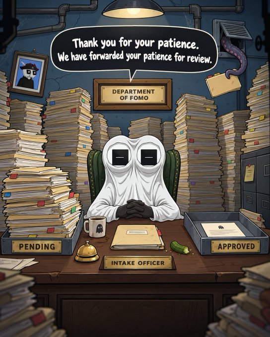 An illustration depicts a two-headed ghost-like figure acting as an 'Intake Officer' at the 'Department of Fomo', sitting at a desk surrounded by massive stacks of paperwork labeled 'PENDING' and 'APPROVED'. A speech bubble above reads, 'Thank you for your patience. We have forwarded your patience for review.'