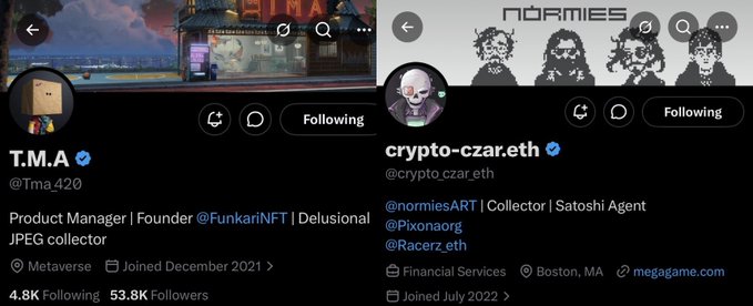The image shows two side-by-side Twitter/X profiles for comparison: T.M.A (@Tma420), listed as Product Manager and Founder of FunkariNFT, with 53.8K followers, and crypto-czar.eth (@crypto_czar.eth), a collector and Satoshi Agent with @normiesART, based in Boston, MA. This visual comparison directly supports the post's question asking which account is the better NFT collector/holder between TMA and Czar.
