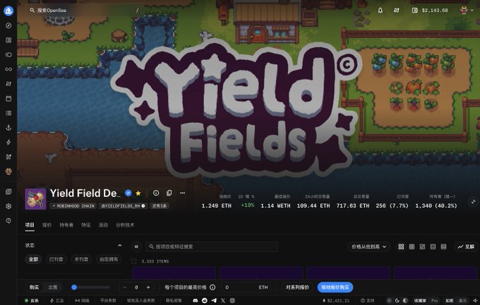 The image shows the Yield Fields game interface on OpenSea, featuring pixel-art farming visuals and a stats panel displaying 1.249 ETH floor price, 1.14 WETH, and 109.44 ETH total volume. This relates to the post about Corn Floor reaching 1.25 ETH and the release of the game demo by Skarly.