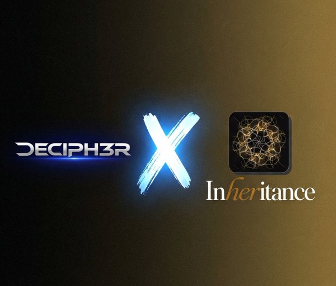 The image displays a promotional graphic announcing a collaboration, featuring the "Deciph3r" logo next to a glowing blue "X" and the "Inheritance" logo with its spherical generative art emblem, symbolizing the partnership between Deciph3r and the onchain generative art project Inheritance.