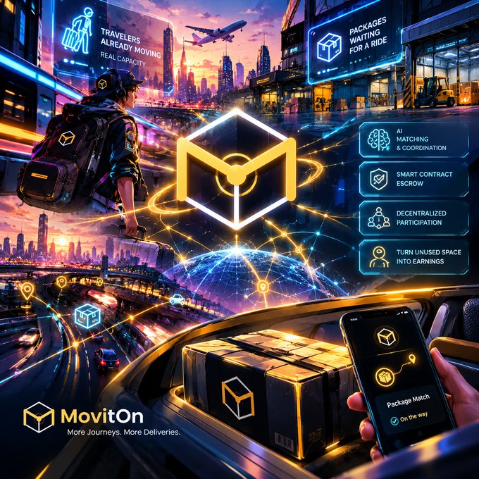 A promotional graphic for 'MovitOn' featuring a futuristic cityscape with travelers, packages, and a delivery person, highlighting features like AI Matching & Coordination, Smart Contract Escrow, Decentralized Participation, and turning unused space into earnings.