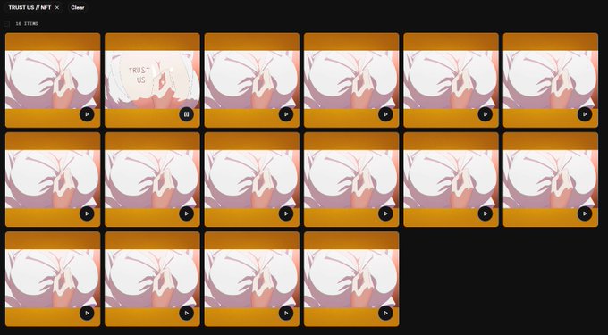 A dark-themed grid interface titled 'TRUST US // NFT' displays 17 identical orange-toned tiles, each featuring an anime-style character and a play button icon.