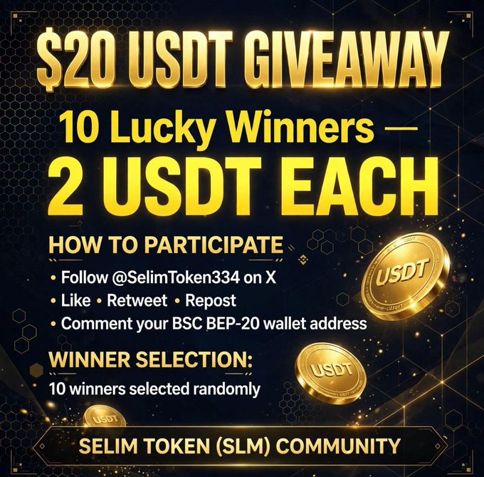 A promotional graphic for a '$20 USDT GIVEAWAY' with '10 Lucky Winners' receiving '2 USDT EACH', instructing participants to follow @SelimToken334 on X, like/retweet/repost, and comment with their BSC BEP-20 wallet address, branded as 'SELIM TOKEN (SLM) COMMUNITY'.