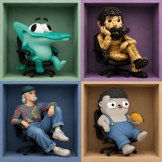 A 2x2 grid of 3D-rendered figurines sitting in office chairs: a green crocodile-like creature, a bearded figure made of LEGO-style bricks, a character in a colorful sweater with a green cap, and a cartoonish figure in overalls holding a taco.