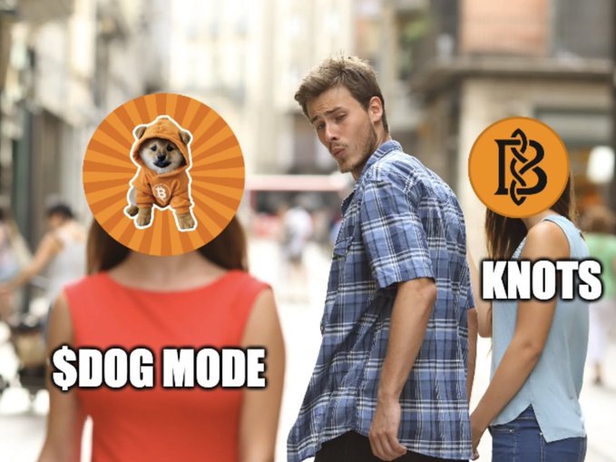 A 'distracted boyfriend' style meme showing a man looking at $DOG MODE (depicted as a Shiba Inu dog in an orange hoodie) while his partner labeled 'KNOTS' looks on disapprovingly.