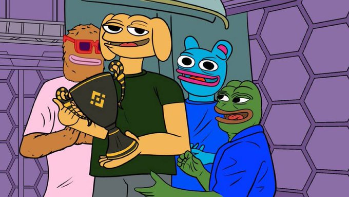 Four cartoon characters—an orange with red sunglasses, a dog in a black t-shirt, a blue bear-like creature, and a green Pepe the Frog—pose together, with the dog proudly holding a black trophy featuring the Binance (BNB) logo. The image is a meme celebrating BNB Chain's new "official" meme mascot, with Pepe the Frog representing the launch of the meme token on the network.