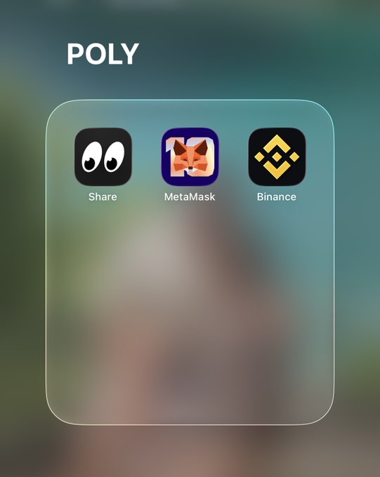 A mobile screen interface labeled 'POLY' displaying app icons for 'Share', 'MetaMask', and 'Binance' over a blurred background.