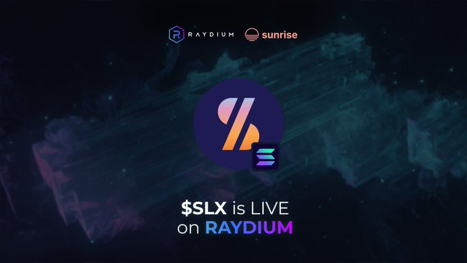 The image is a promotional graphic announcing "$SLX is LIVE on RAYDIUM," featuring the Solstice (SLX) logo》)
