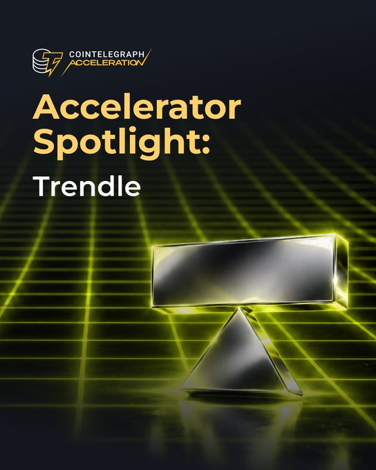 A promotional graphic for Cointelegraph Acceleration featuring 'Accelerator Spotlight: Trendle' with a metallic 3D geometric shape on a neon green grid background.