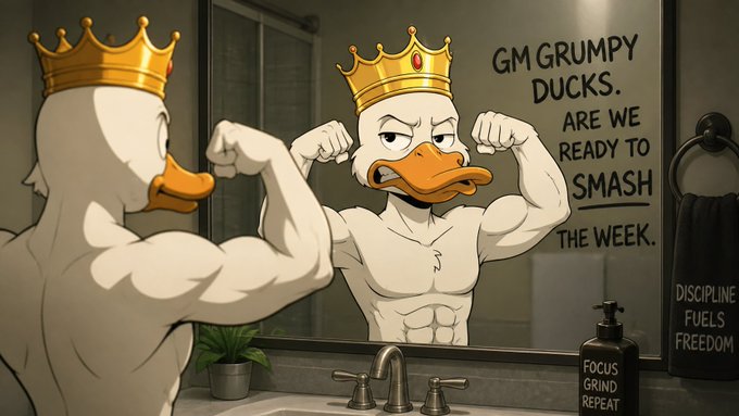 An animated muscular duck wearing a gold crown flexes in a bathroom mirror with the text "GM GRUMPY DUCKS. ARE WE READY TO SMASH THE WEEK." alongside "DISCIPLINE FUELS FREEDOM" on a towel and "FOCUS GRIND REPEAT" on a soap dispenser.