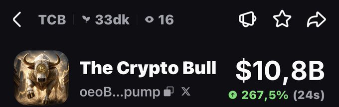Screenshot of a crypto trading platform showing "The Crypto Bull" (TCB) token with a market cap of $10.8B, having surged 267.5% in 24 hours, alongside a bullish bull-themed logo. The image illustrates the post's claim that this coin could rise significantly after "The Black Bull" surpassed $100M in market value.