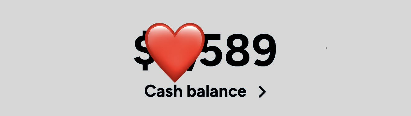 A cash balance display showing $1589 with a red heart emoji overlay, on a light gray background.